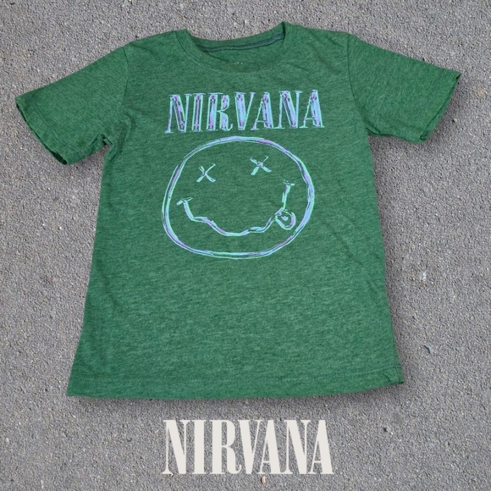 Nirvana‎ Graphic T-Shirt Toddler Smiley Face Logo Heather Green 5T